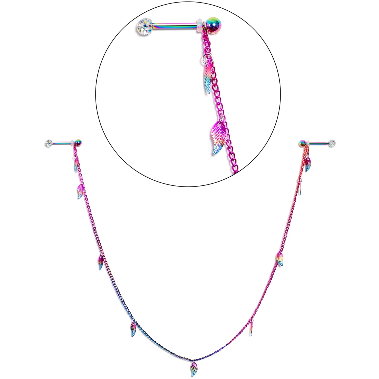 Gaby 14 Gauge 5/8 Clear Gem Rainbow Autumn Leaves Dangle Nipple Chain 6 Gaby 14 Gauge 5/8 Clear Gem Rainbow Autumn Leaves Dangle Nipple Chain - Image 6
