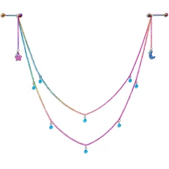 Gaby 14 Gauge 5/8 Blue Gem Rainbow Moon Star Double Dangle Nipple Chain