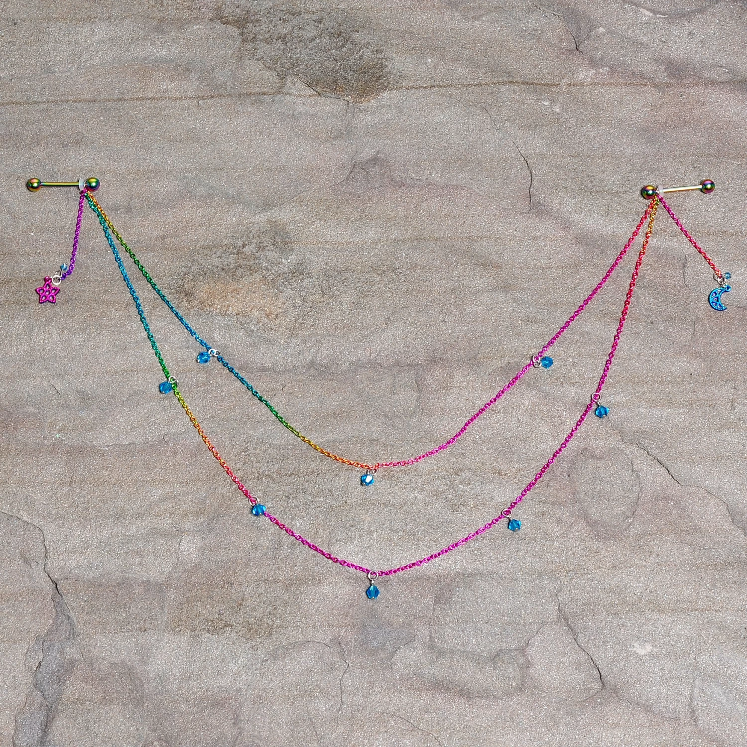 Gaby 14 Gauge 5/8 Blue Gem Rainbow Moon Star Double Dangle Nipple Chain 5 Gaby 14 Gauge 5/8 Blue Gem Rainbow Moon Star Double Dangle Nipple Chain - Image 5
