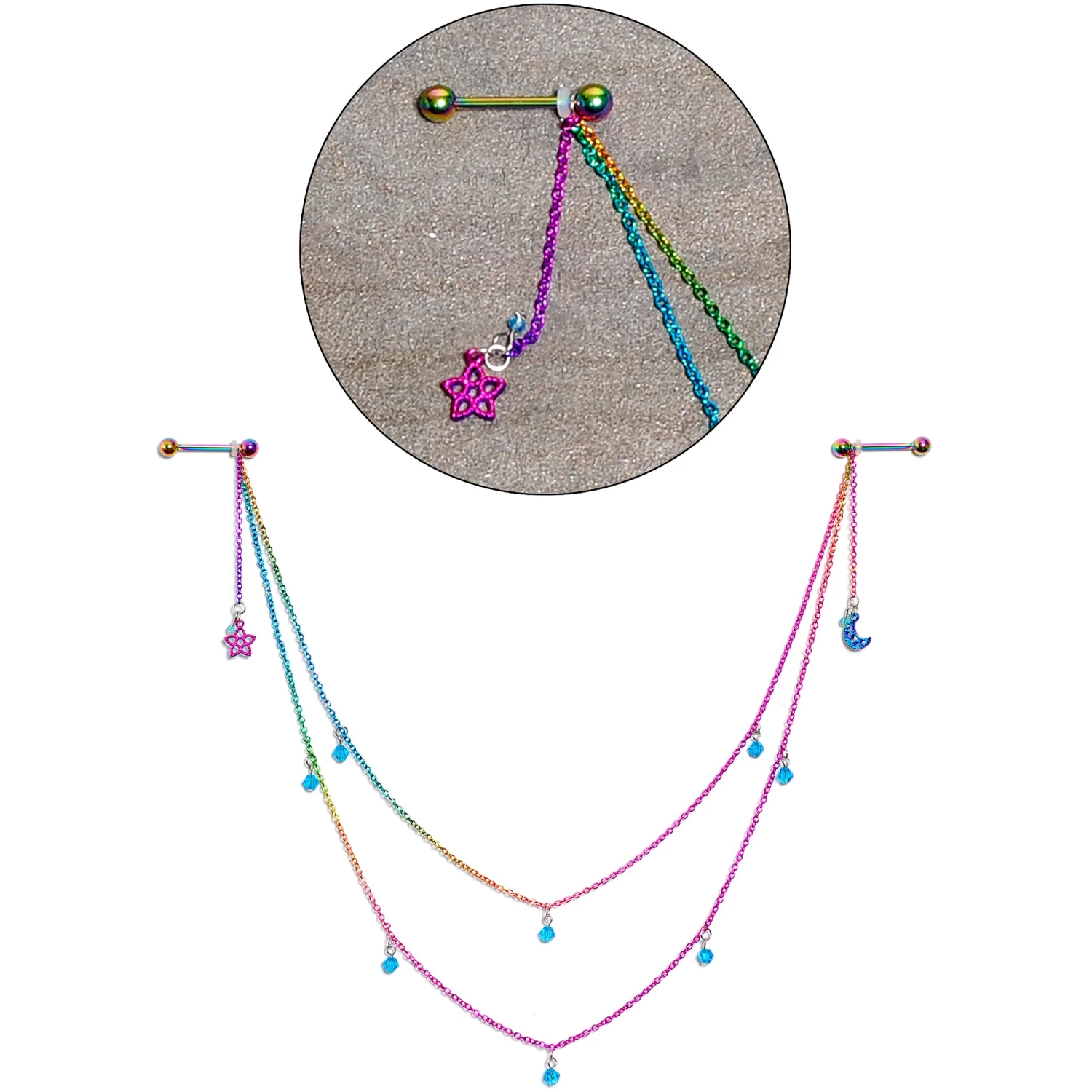 Gaby 14 Gauge 5/8 Blue Gem Rainbow Moon Star Double Dangle Nipple Chain 7 Gaby 14 Gauge 5/8 Blue Gem Rainbow Moon Star Double Dangle Nipple Chain - Image 7