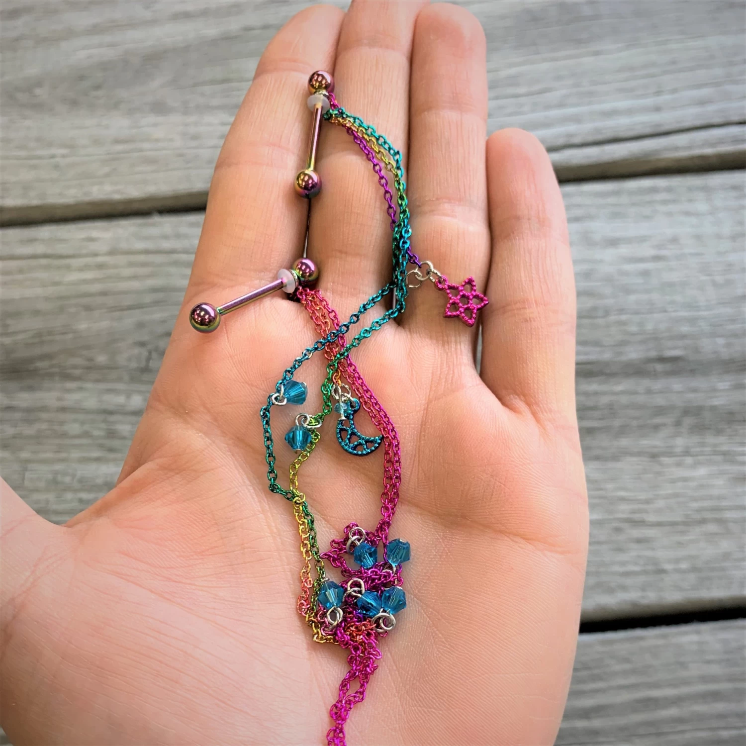 Gaby 14 Gauge 5/8 Blue Gem Rainbow Moon Star Double Dangle Nipple Chain 2 Gaby 14 Gauge 5/8 Blue Gem Rainbow Moon Star Double Dangle Nipple Chain - Image 2