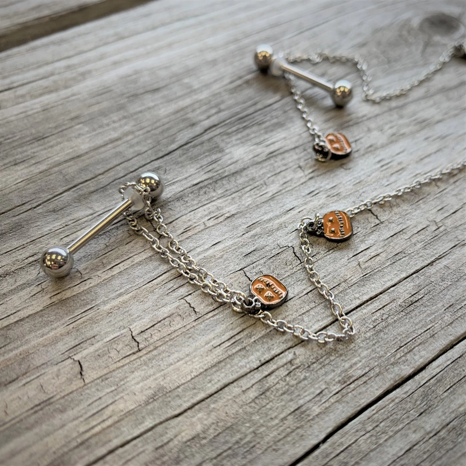 Gaby 14 Gauge 5/8 Orange Pumpkin Patch Halloween Dangle Nipple Chain 2 Gaby 14 Gauge 5/8 Orange Pumpkin Patch Halloween Dangle Nipple Chain - Image 2