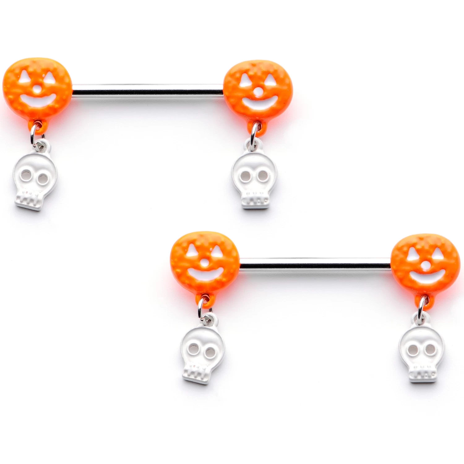 14 Gauge 5/8 Orange Pumpkin Skull Halloween Dangle Nipple Ring Set 1 14 Gauge 5/8 Orange Pumpkin Skull Halloween Dangle Nipple Ring Set