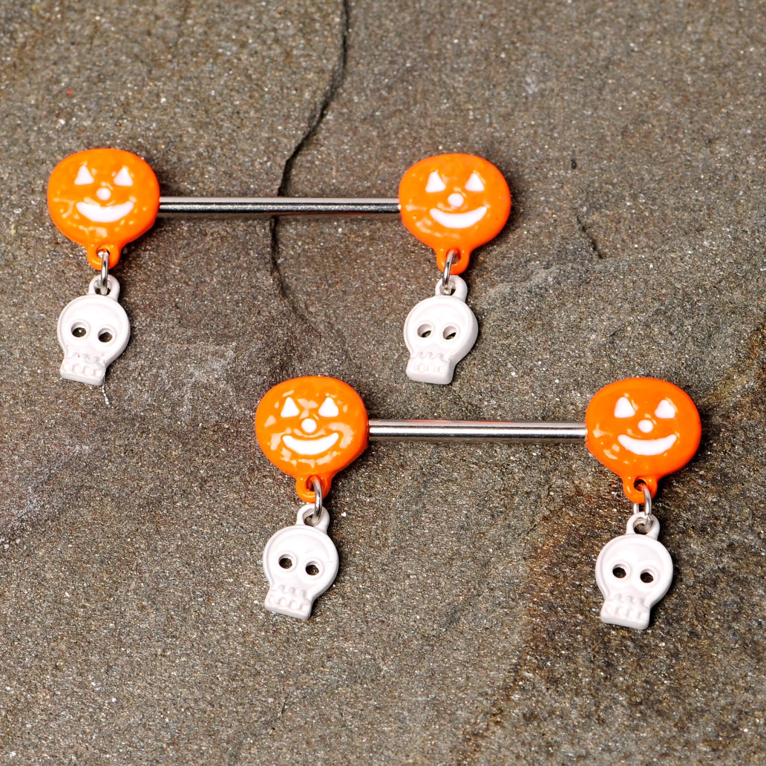 14 Gauge 5/8 Orange Pumpkin Skull Halloween Dangle Nipple Ring Set 2 14 Gauge 5/8 Orange Pumpkin Skull Halloween Dangle Nipple Ring Set - Image 2