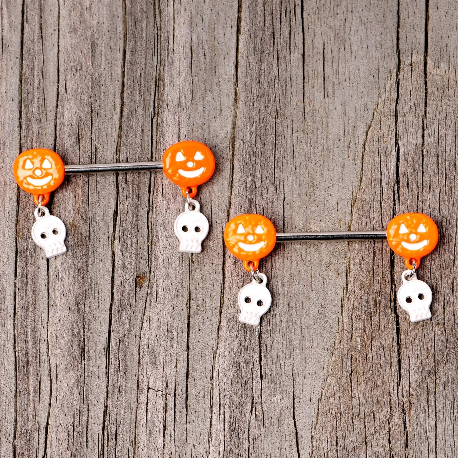 14 Gauge 5/8 Orange Pumpkin Skull Halloween Dangle Nipple Ring Set 3 14 Gauge 5/8 Orange Pumpkin Skull Halloween Dangle Nipple Ring Set - Image 3