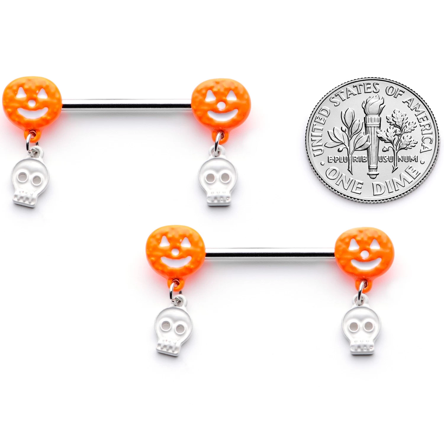 14 Gauge 5/8 Orange Pumpkin Skull Halloween Dangle Nipple Ring Set 4 14 Gauge 5/8 Orange Pumpkin Skull Halloween Dangle Nipple Ring Set - Image 4