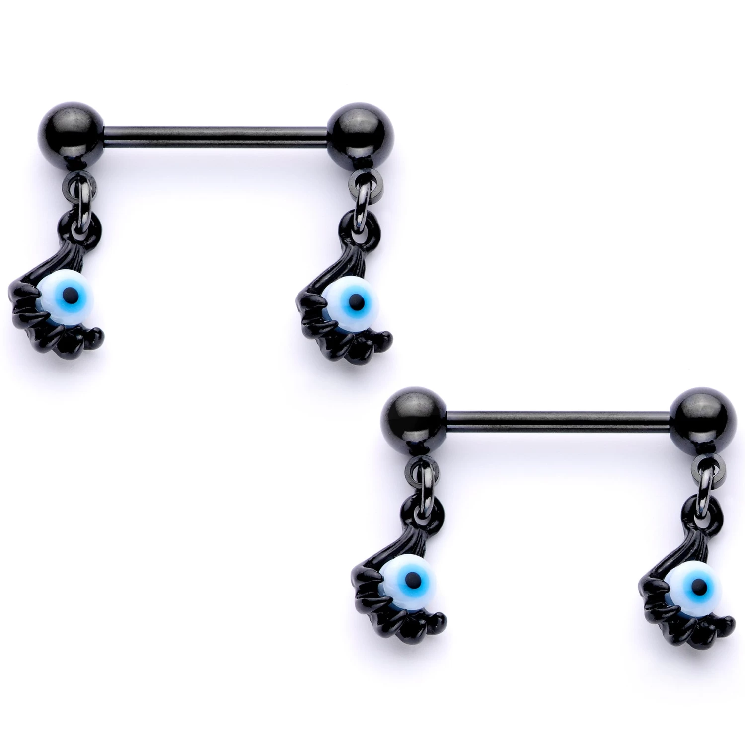 14 Gauge 5/8 Black Blue Eyeball Hand Halloween Dangle Nipple Ring Set 1 14 Gauge 5/8 Black Blue Eyeball Hand Halloween Dangle Nipple Ring Set