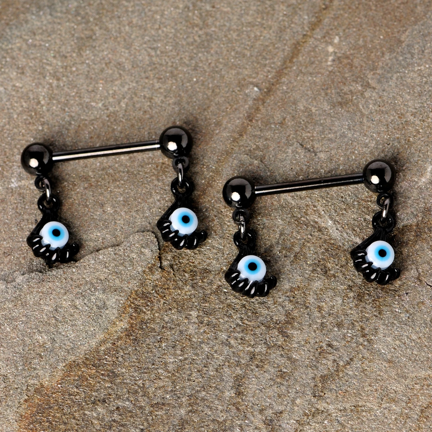 14 Gauge 5/8 Black Blue Eyeball Hand Halloween Dangle Nipple Ring Set 3 14 Gauge 5/8 Black Blue Eyeball Hand Halloween Dangle Nipple Ring Set - Image 3