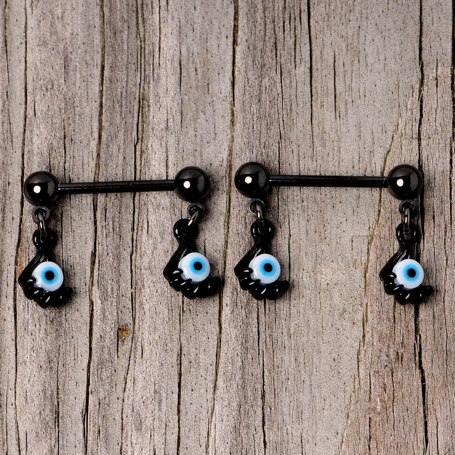 14 Gauge 5/8 Black Blue Eyeball Hand Halloween Dangle Nipple Ring Set 4 14 Gauge 5/8 Black Blue Eyeball Hand Halloween Dangle Nipple Ring Set - Image 4