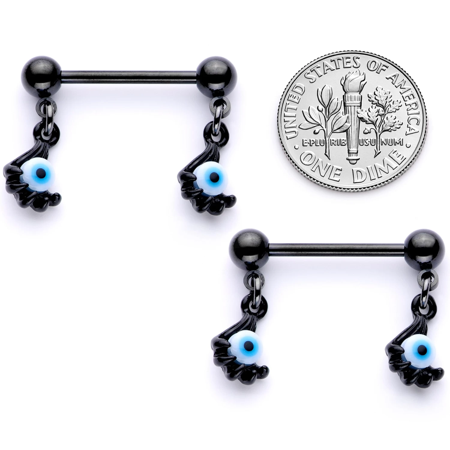 14 Gauge 5/8 Black Blue Eyeball Hand Halloween Dangle Nipple Ring Set 6 14 Gauge 5/8 Black Blue Eyeball Hand Halloween Dangle Nipple Ring Set - Image 6