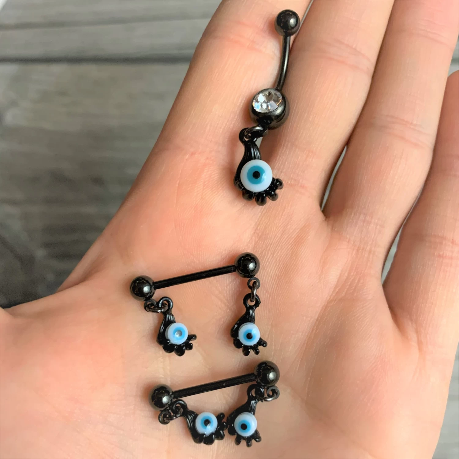 14 Gauge 5/8 Black Blue Eyeball Hand Halloween Dangle Nipple Ring Set 2 14 Gauge 5/8 Black Blue Eyeball Hand Halloween Dangle Nipple Ring Set - Image 2