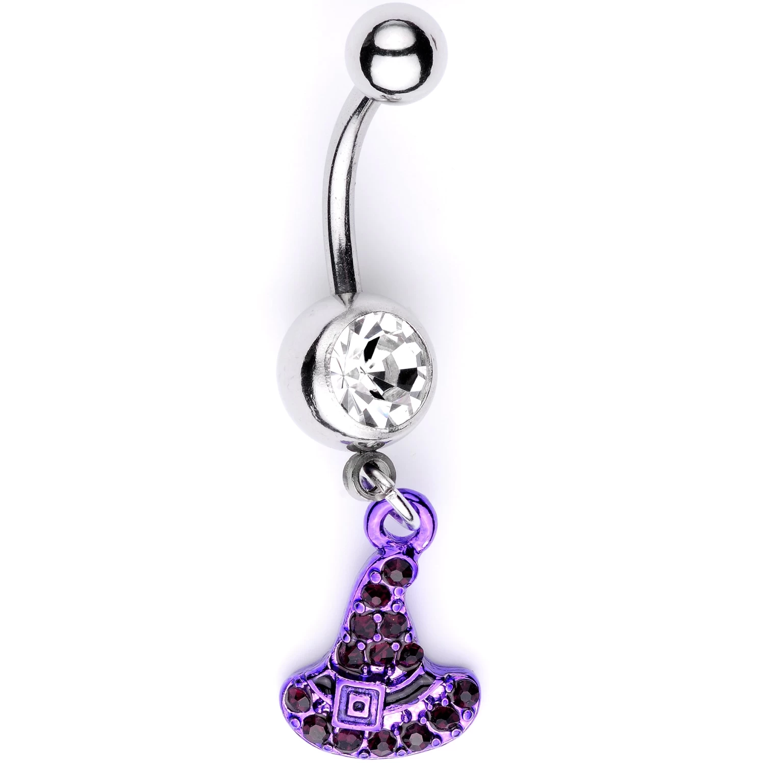 Clear Black Gem Purple Witch Hat Halloween Dangle Belly Ring 1 Clear Black Gem Purple Witch Hat Halloween Dangle Belly Ring