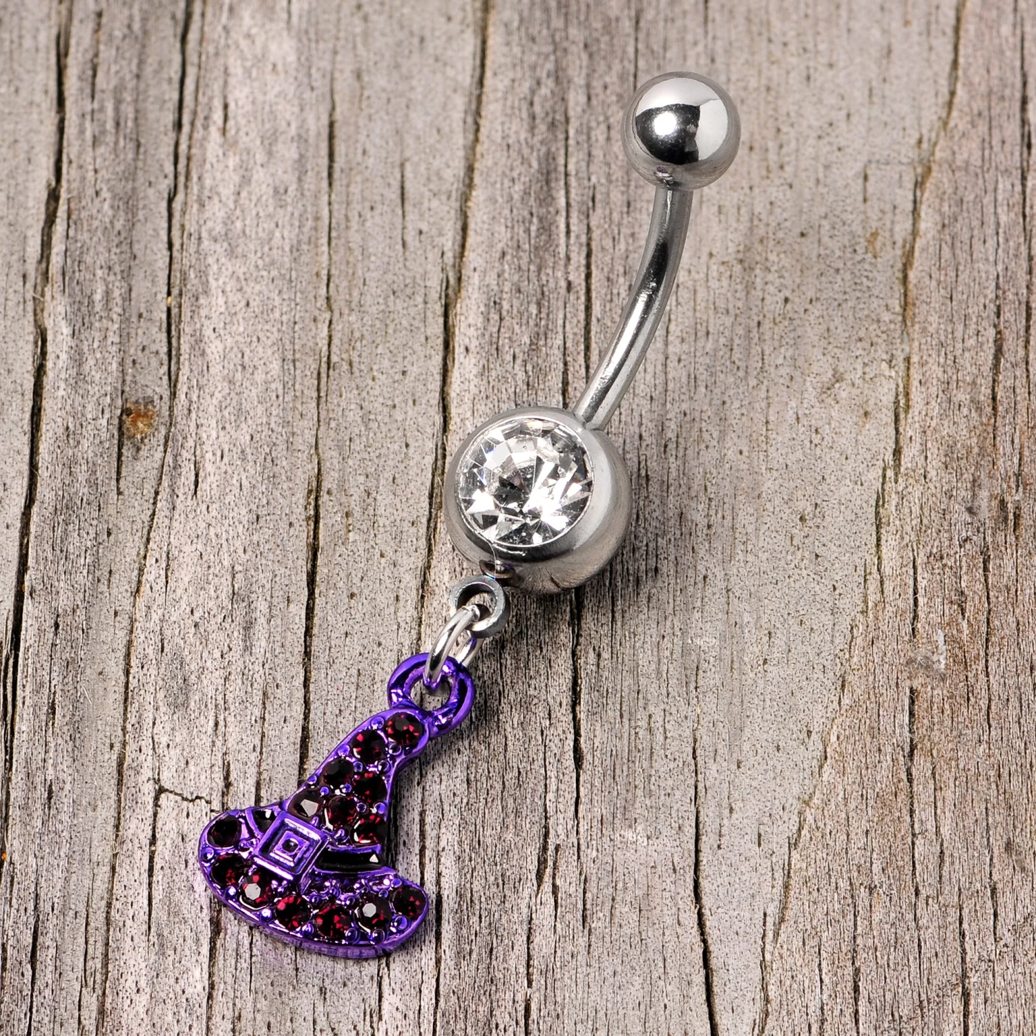 Clear Black Gem Purple Witch Hat Halloween Dangle Belly Ring 3 Clear Black Gem Purple Witch Hat Halloween Dangle Belly Ring - Image 3