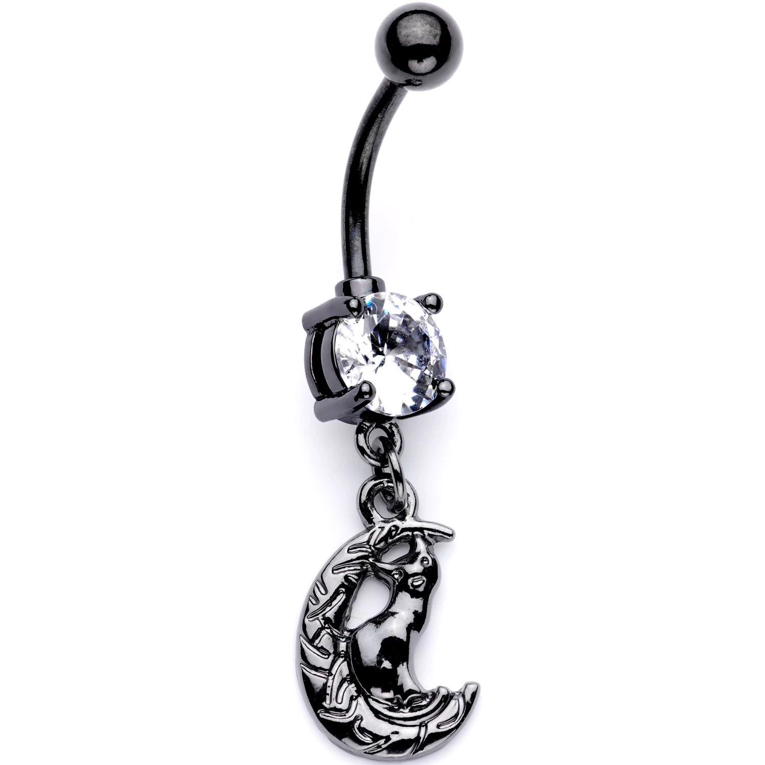 Clear CZ Gem Black Cat Moon Halloween Dangle Belly Ring 1 Clear CZ Gem Black Cat Moon Halloween Dangle Belly Ring