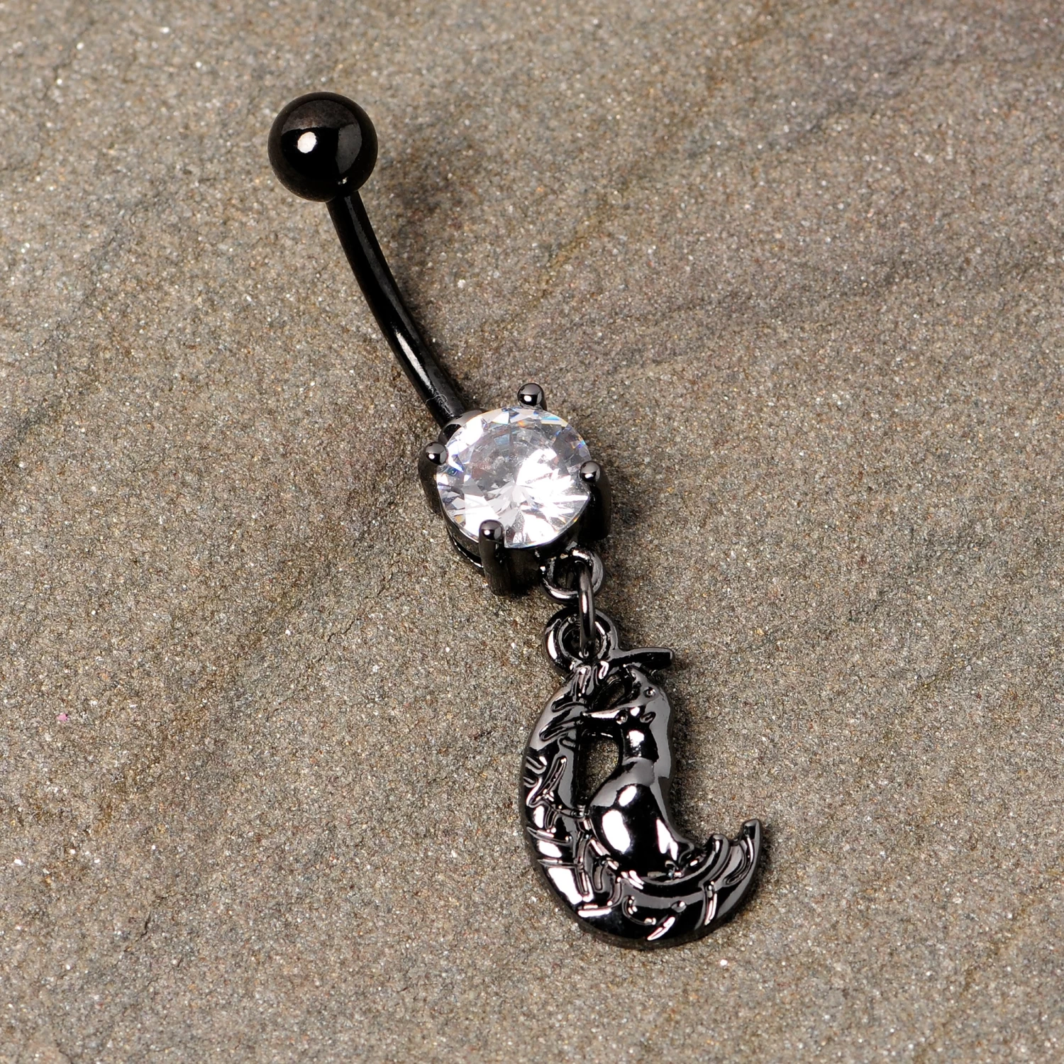 Clear CZ Gem Black Cat Moon Halloween Dangle Belly Ring 2 Clear CZ Gem Black Cat Moon Halloween Dangle Belly Ring - Image 2