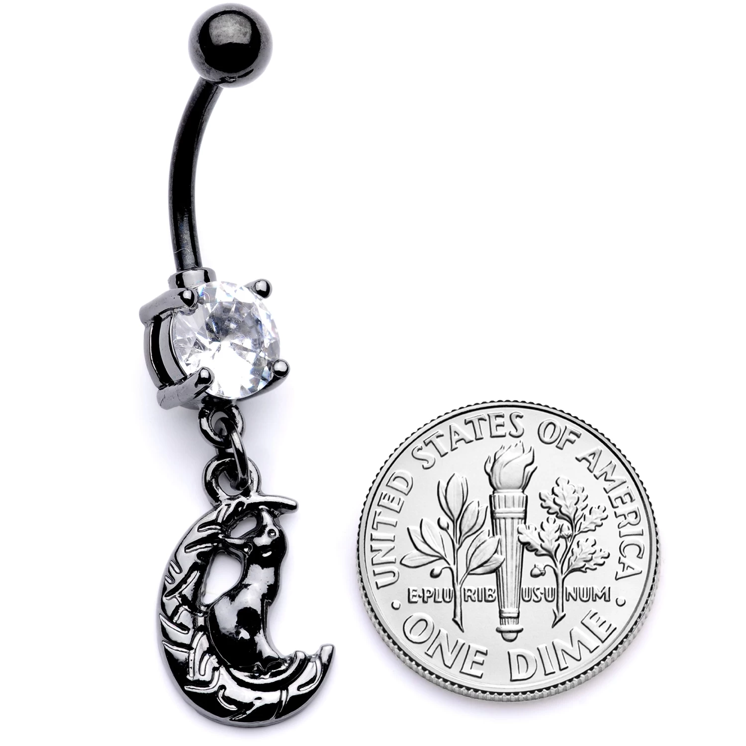 Clear CZ Gem Black Cat Moon Halloween Dangle Belly Ring 5 Clear CZ Gem Black Cat Moon Halloween Dangle Belly Ring - Image 5