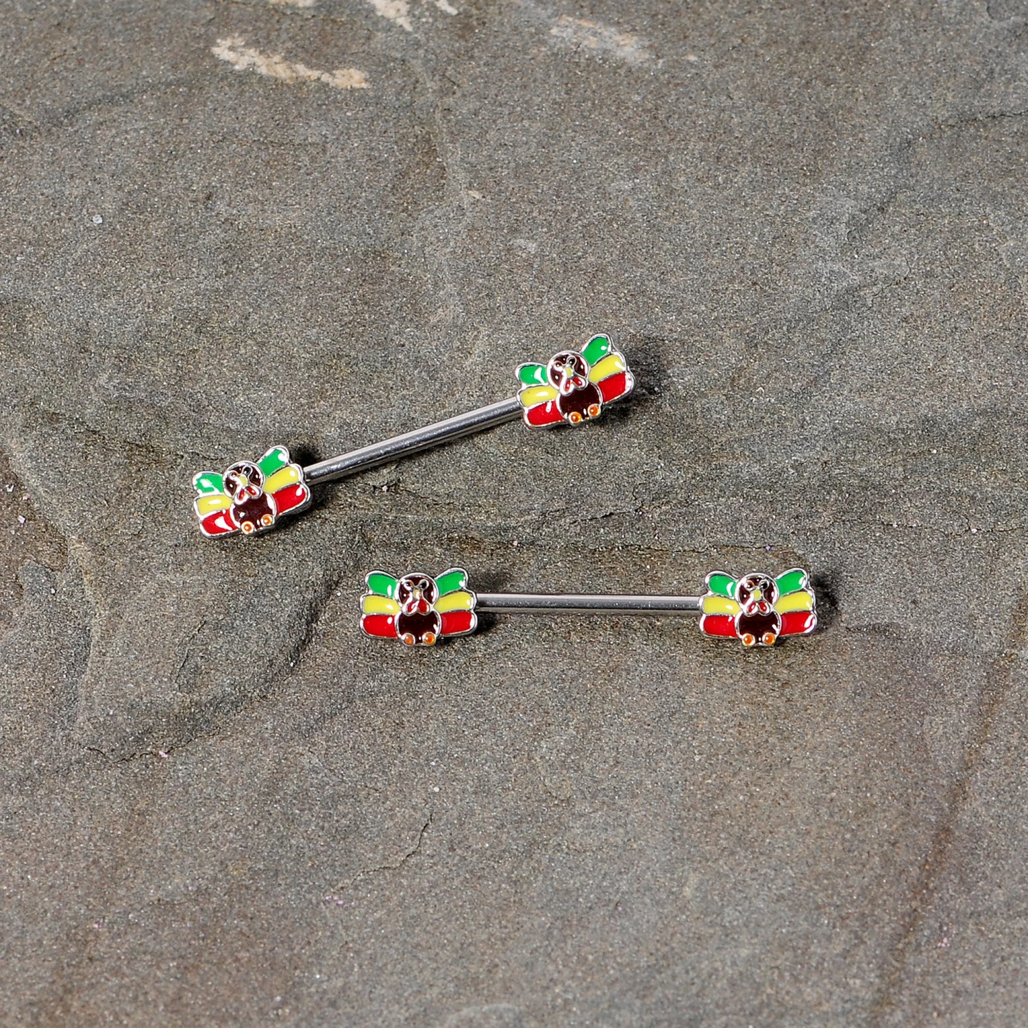 14 Gauge 5/8 Rasta Turkey Thanksgiving Barbell Nipple Ring Set 3 14 Gauge 5/8 Rasta Turkey Thanksgiving Barbell Nipple Ring Set - Image 3
