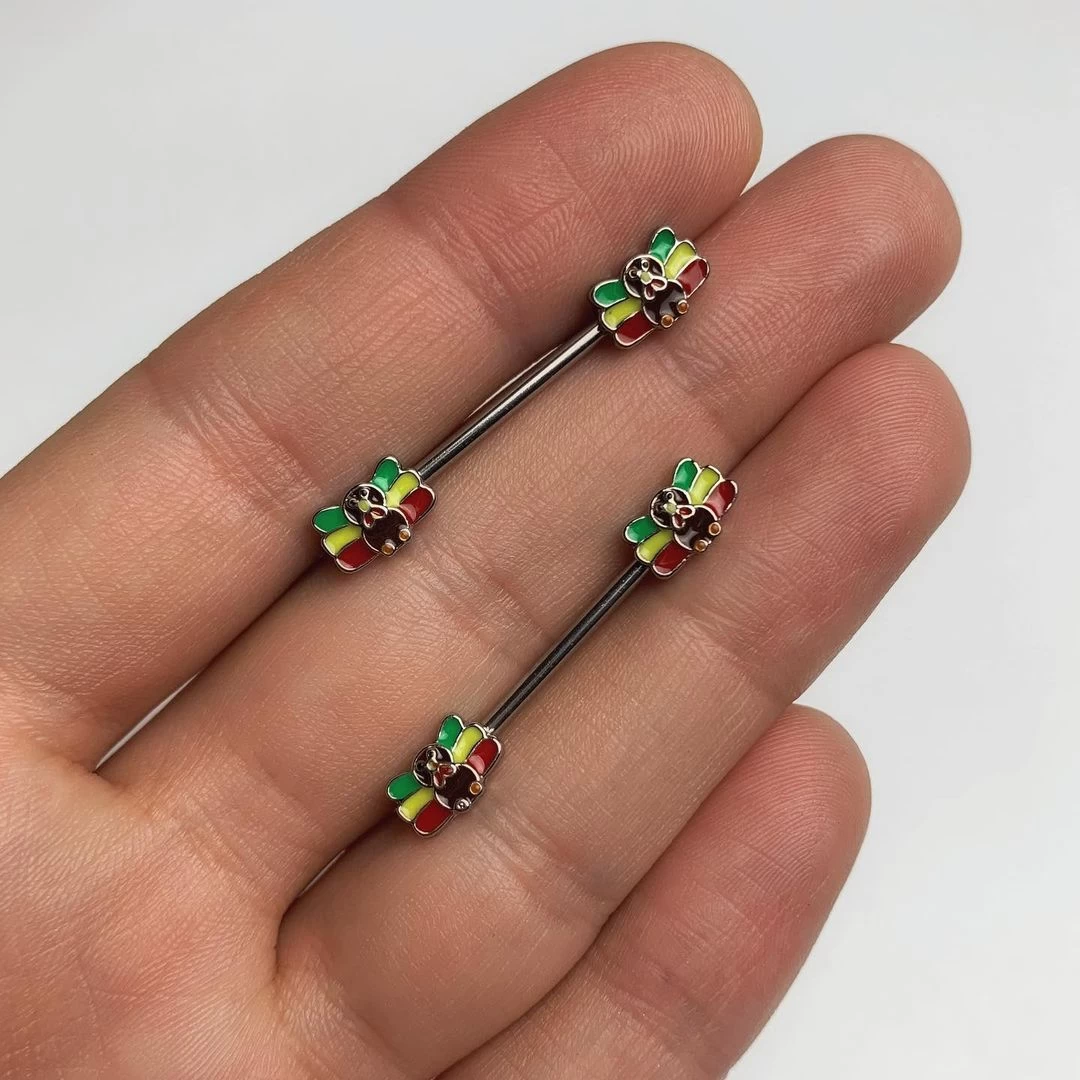 14 Gauge 5/8 Rasta Turkey Thanksgiving Barbell Nipple Ring Set 2 14 Gauge 5/8 Rasta Turkey Thanksgiving Barbell Nipple Ring Set - Image 2