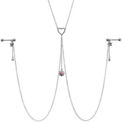 Gaby 14 Gauge 5/8 Pink Gem Sun Heart Star Nipple Chain Necklace