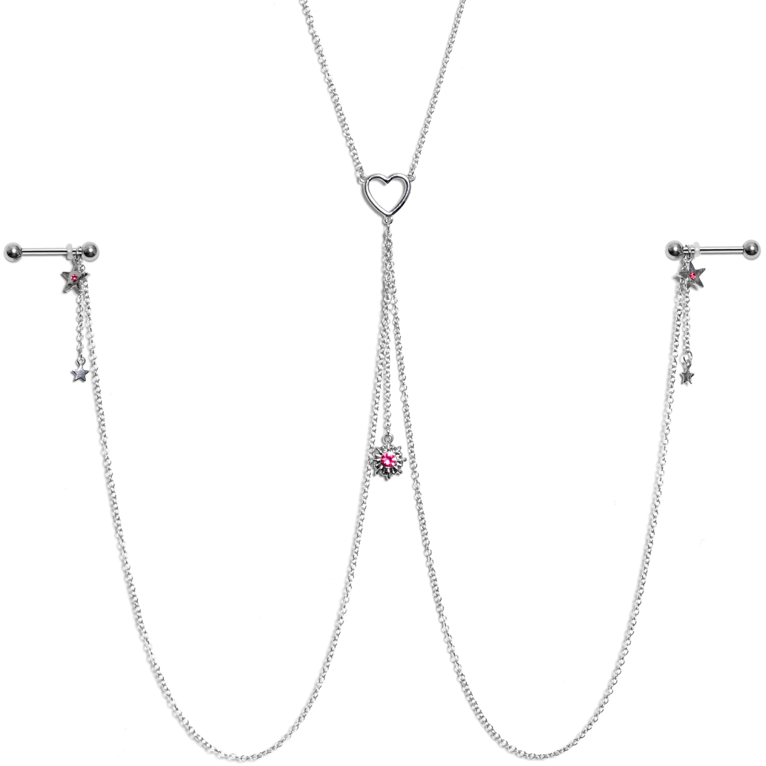 Gaby 14 Gauge 5/8 Pink Gem Sun Heart Star Nipple Chain Necklace 1 Gaby 14 Gauge 5/8 Pink Gem Sun Heart Star Nipple Chain Necklace