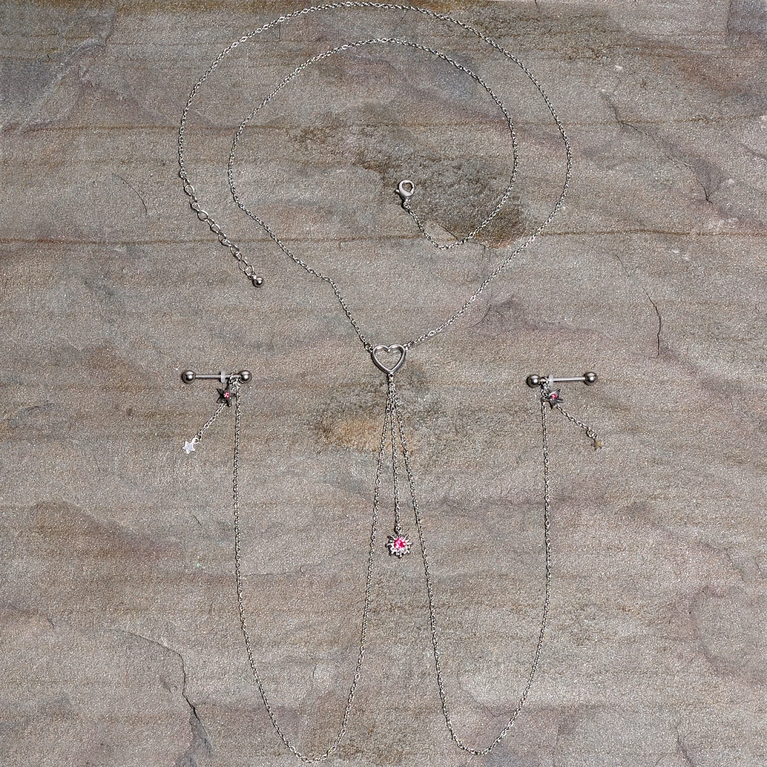 Gaby 14 Gauge 5/8 Pink Gem Sun Heart Star Nipple Chain Necklace 4 Gaby 14 Gauge 5/8 Pink Gem Sun Heart Star Nipple Chain Necklace - Image 4