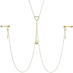 Gaby 14 Gauge 5/8 Clear Gem Gold Tone Sun Heart Star Nipple Chain Necklace