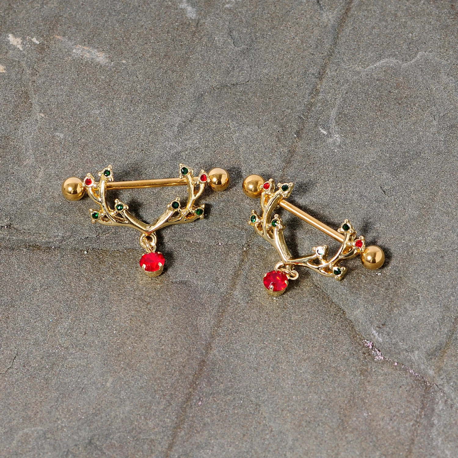 14 Gauge 25mm Red Green Gem Reindeer Antler Holiday Nipple Shield Set 4 14 Gauge 25mm Red Green Gem Reindeer Antler Holiday Nipple Shield Set - Image 4