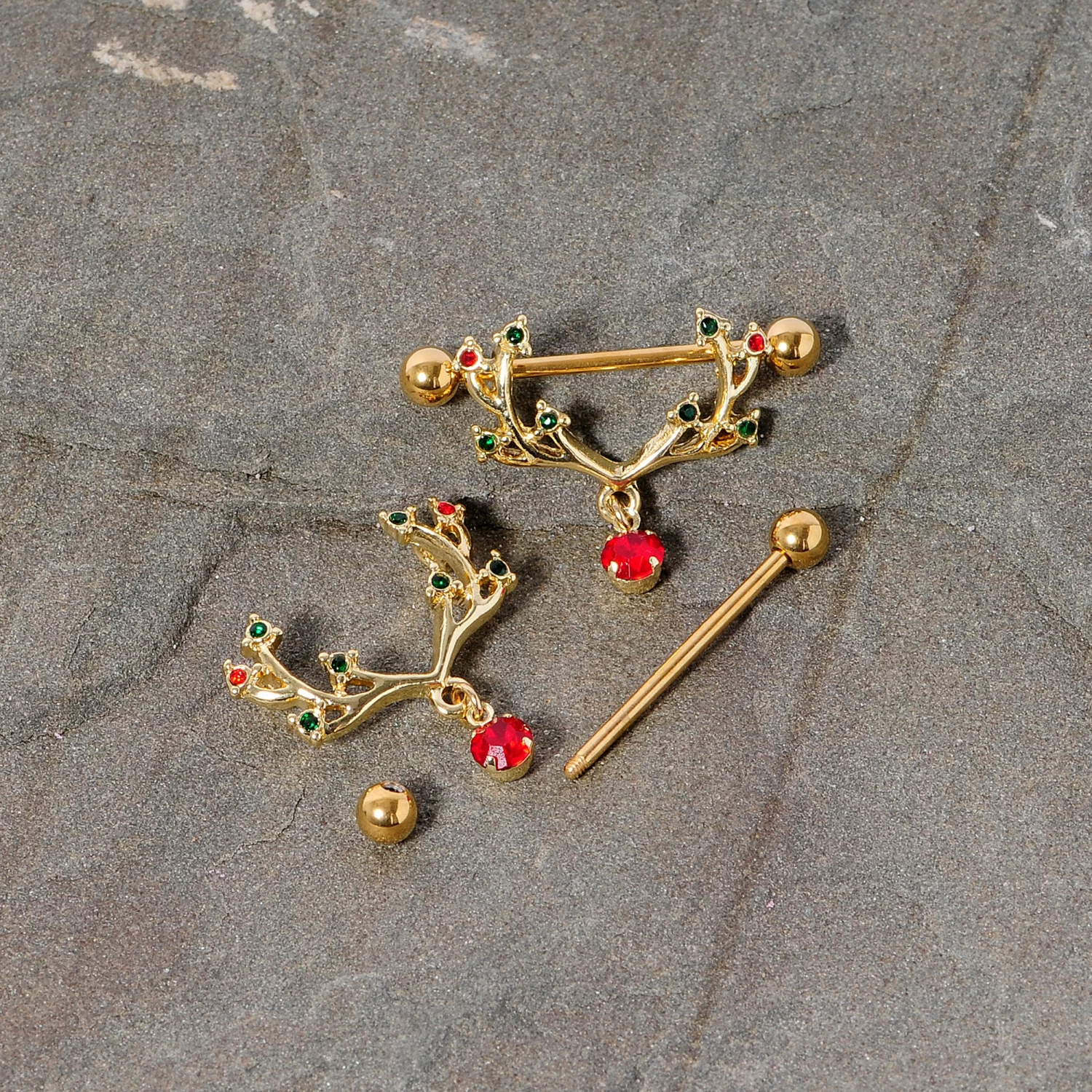 14 Gauge 25mm Red Green Gem Reindeer Antler Holiday Nipple Shield Set 5 14 Gauge 25mm Red Green Gem Reindeer Antler Holiday Nipple Shield Set - Image 5