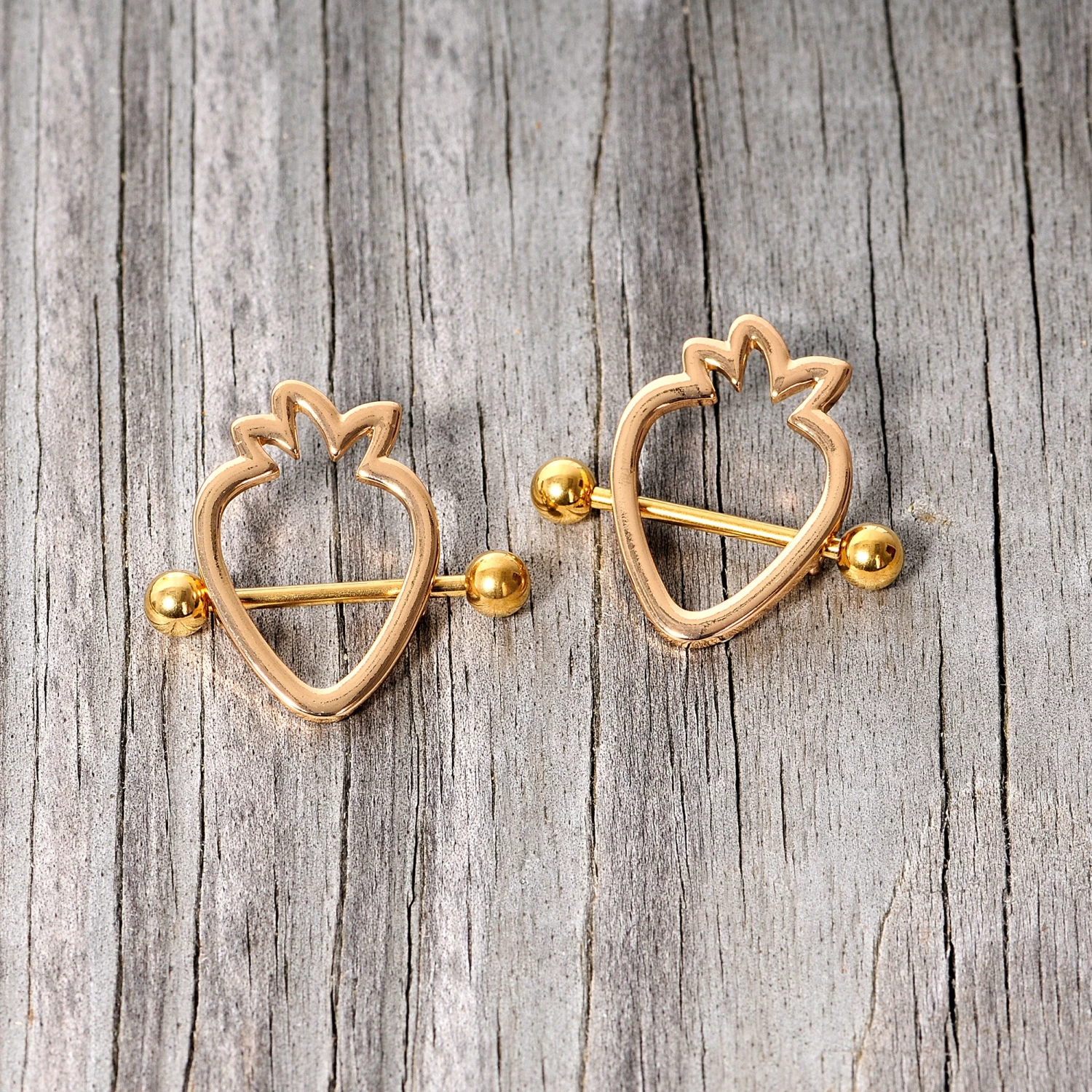 14 Gauge 3/4 Gold Tone Hollow Strawberry Nipple Shield Set 8 14 Gauge 3/4 Gold Tone Hollow Strawberry Nipple Shield Set - Image 8