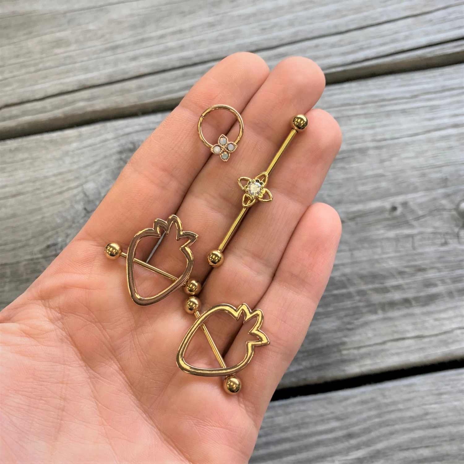 14 Gauge 3/4 Gold Tone Hollow Strawberry Nipple Shield Set 2 14 Gauge 3/4 Gold Tone Hollow Strawberry Nipple Shield Set - Image 2