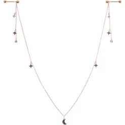 14 Gauge 9/16 Black Gem Rose Gold Tone Moon Dangle Nipple Chain