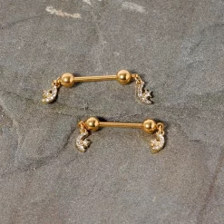 14 Gauge 9/16 Clear Gem Gold Tone Moon Dangle Barbell Nipple Ring Set -Body Jewelry Store 67965.otherimage1
