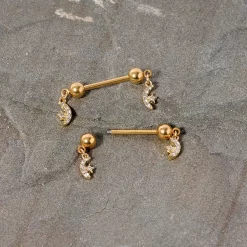 14 Gauge 9/16 Clear Gem Gold Tone Moon Dangle Barbell Nipple Ring Set -Body Jewelry Store 67965.otherimage2