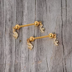 14 Gauge 9/16 Clear Gem Gold Tone Moon Dangle Barbell Nipple Ring Set -Body Jewelry Store 67965.otherimage3