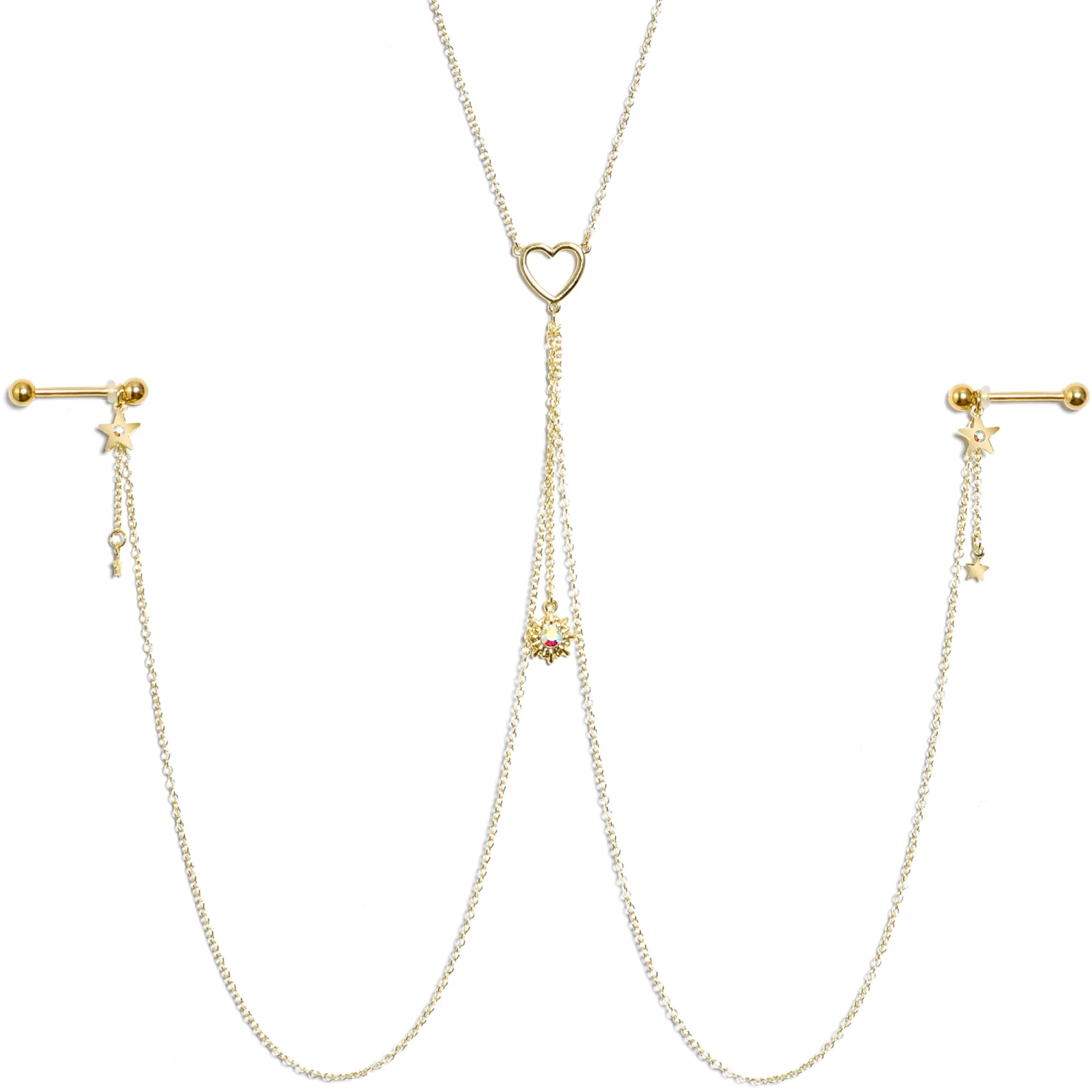 Gaby 14 Gauge 5/8 Aurora Gem Gold Tone Sun Heart Star Nipple Chain Necklace 1 Gaby 14 Gauge 5/8 Aurora Gem Gold Tone Sun Heart Star Nipple Chain Necklace