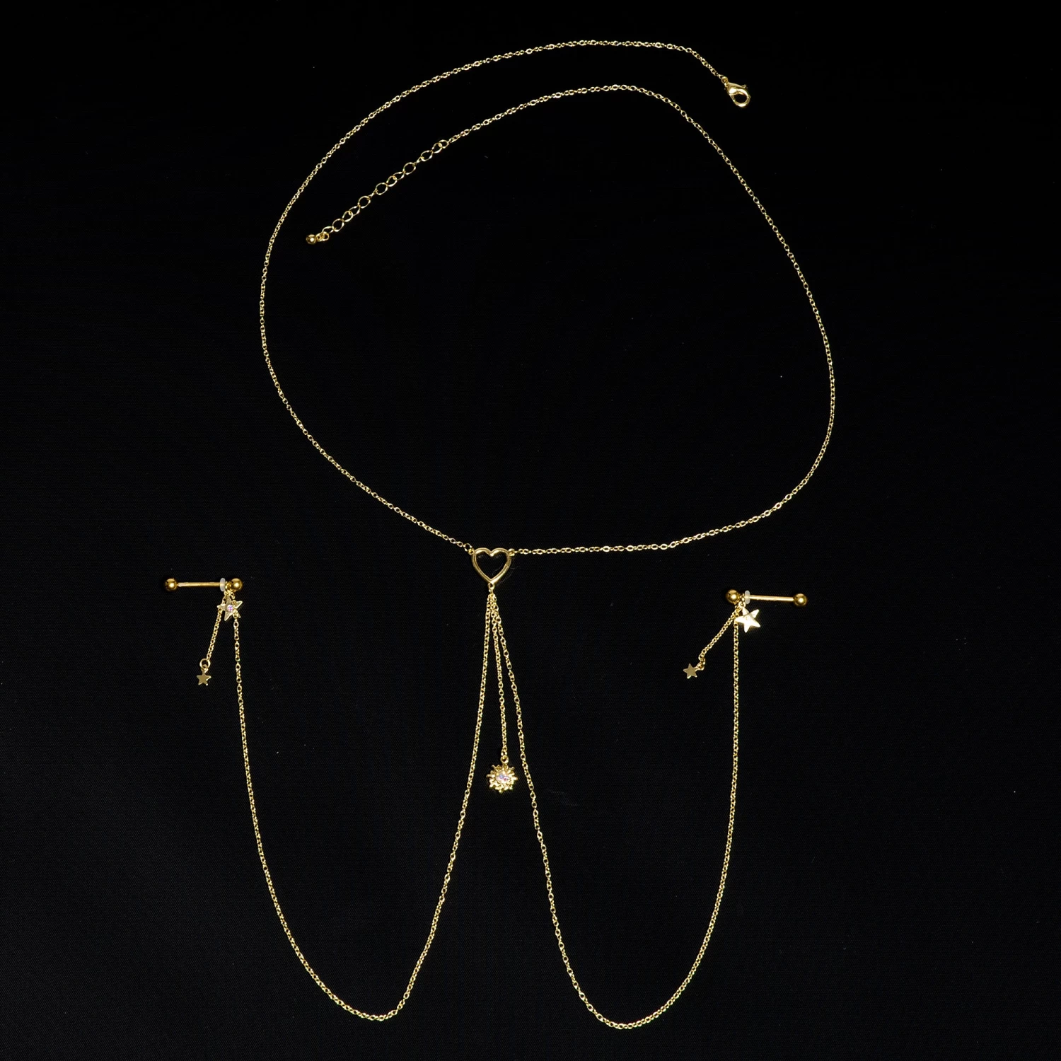 Gaby 14 Gauge 5/8 Aurora Gem Gold Tone Sun Heart Star Nipple Chain Necklace 3 Gaby 14 Gauge 5/8 Aurora Gem Gold Tone Sun Heart Star Nipple Chain Necklace - Image 3