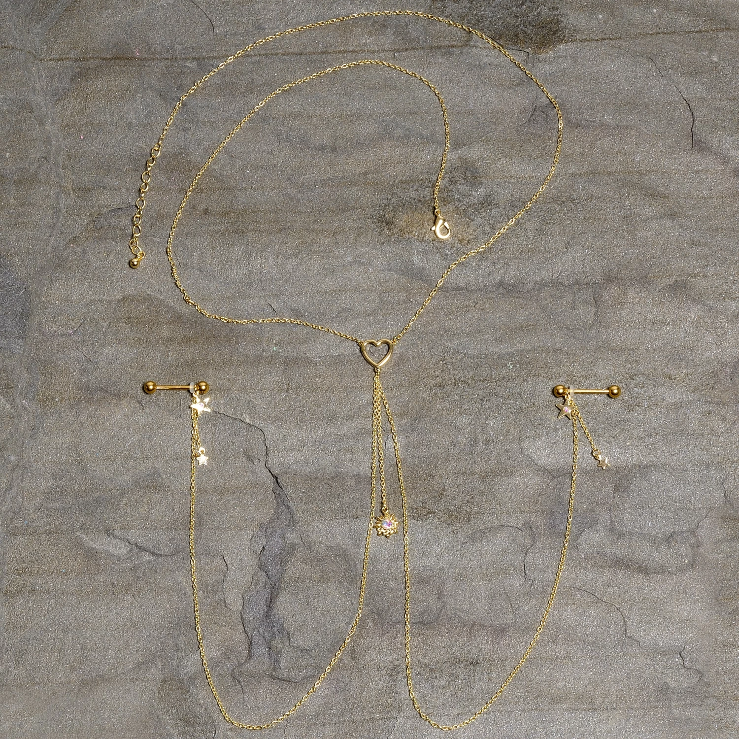 Gaby 14 Gauge 5/8 Aurora Gem Gold Tone Sun Heart Star Nipple Chain Necklace 4 Gaby 14 Gauge 5/8 Aurora Gem Gold Tone Sun Heart Star Nipple Chain Necklace - Image 4