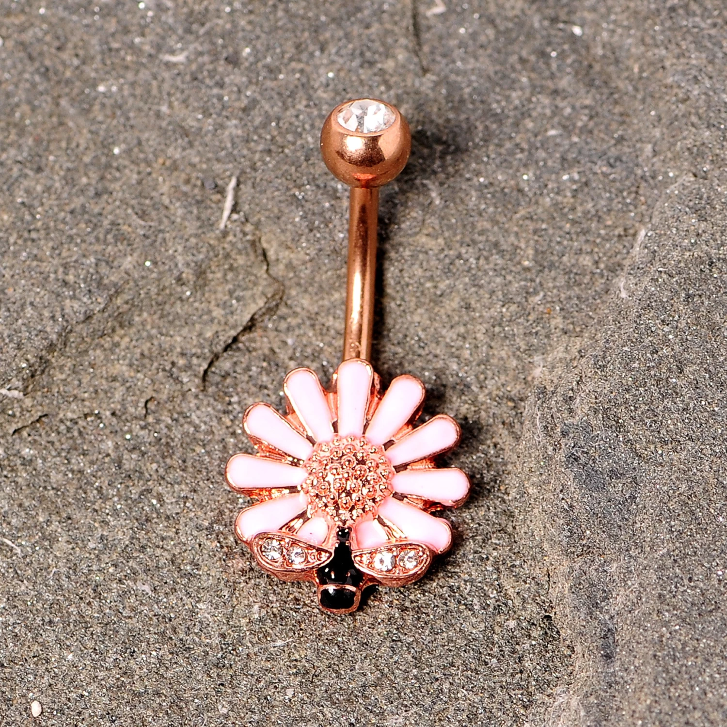 Clear Gem Rose Gold Tone Pink Daisy Bee Belly Ring 4 Clear Gem Rose Gold Tone Pink Daisy Bee Belly Ring - Image 4