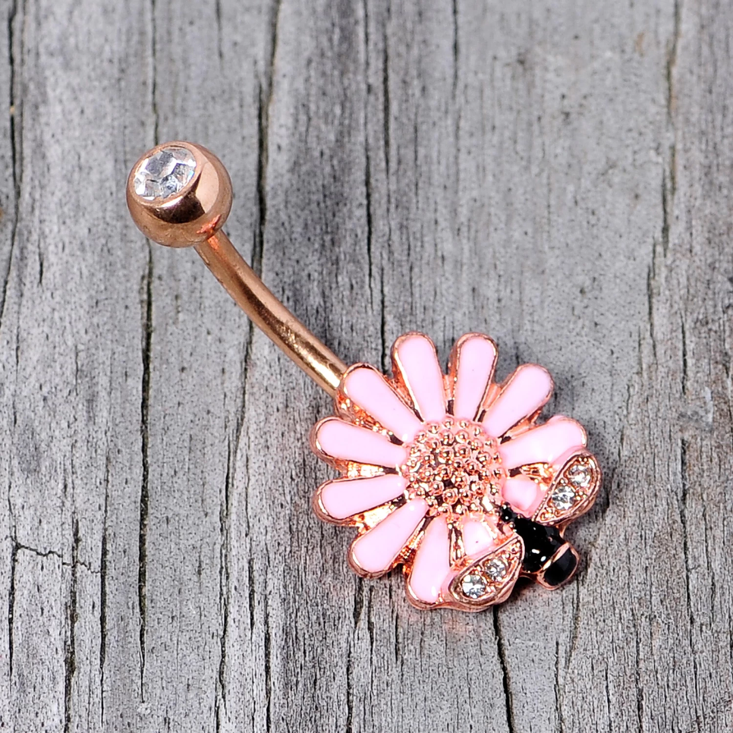 Clear Gem Rose Gold Tone Pink Daisy Bee Belly Ring 5 Clear Gem Rose Gold Tone Pink Daisy Bee Belly Ring - Image 5