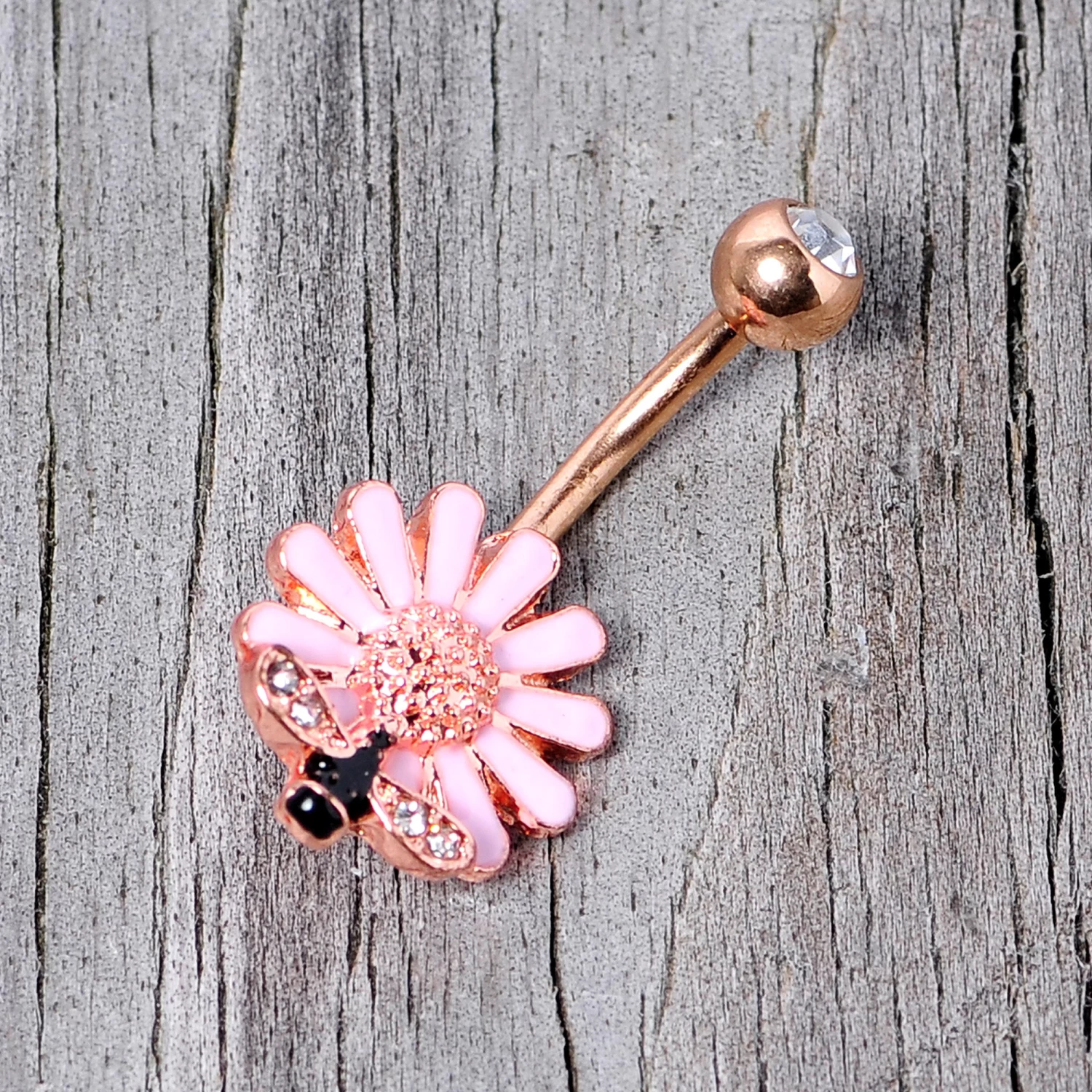 Clear Gem Rose Gold Tone Pink Daisy Bee Belly Ring 6 Clear Gem Rose Gold Tone Pink Daisy Bee Belly Ring - Image 6
