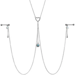 Gaby 14 Gauge 5/8 Blue Gem Sun Heart Star Nipple Chain Necklace