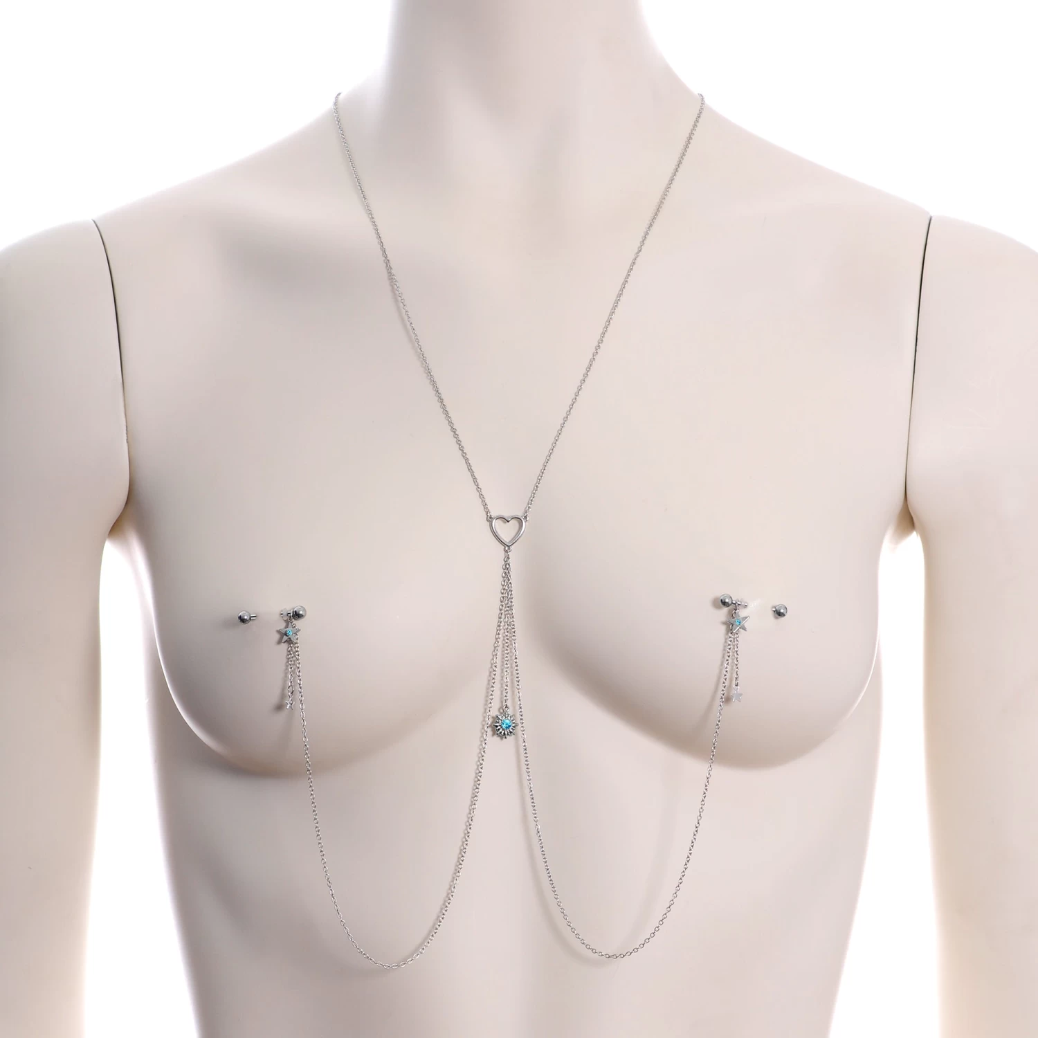 Gaby 14 Gauge 5/8 Blue Gem Sun Heart Star Nipple Chain Necklace 2 Gaby 14 Gauge 5/8 Blue Gem Sun Heart Star Nipple Chain Necklace - Image 2