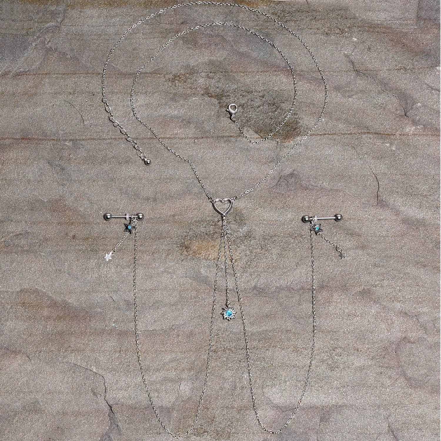 Gaby 14 Gauge 5/8 Blue Gem Sun Heart Star Nipple Chain Necklace 4 Gaby 14 Gauge 5/8 Blue Gem Sun Heart Star Nipple Chain Necklace - Image 4