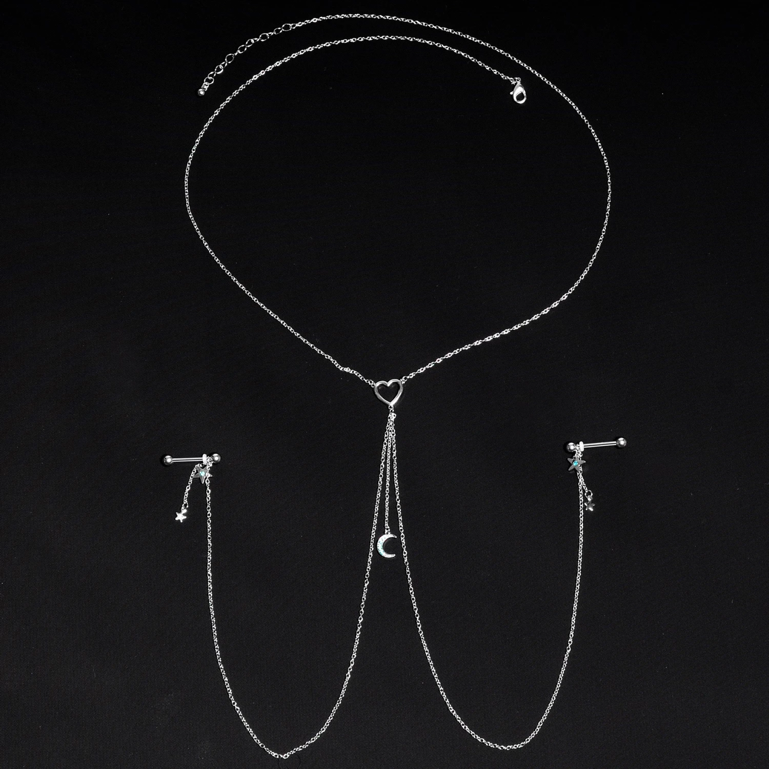 Gaby 14 Gauge 5/8 Blue Gem Moon Heart Star Nipple Chain Necklace 3 Gaby 14 Gauge 5/8 Blue Gem Moon Heart Star Nipple Chain Necklace - Image 3