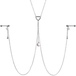 Gaby 14 Gauge 5/8 Pink Gem Moon Heart Star Nipple Chain Necklace