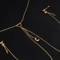 Gaby 14 Gauge 5/8 Aurora Gem Gold Tone Heart Star Nipple Chain Necklace -Body Jewelry Store 67981.otherimage4