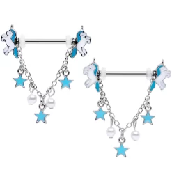 Gaby 14 Gauge 5/8 Blue White Unicorn Star Chain Dangle Nipple Ring Set