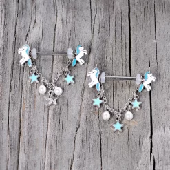 Gaby 14 Gauge 5/8 Blue White Unicorn Star Chain Dangle Nipple Ring Set -Body Jewelry Store 67983.otherimage2