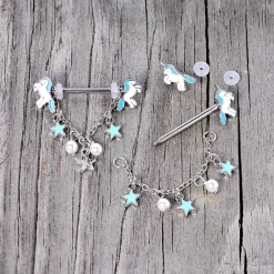 Gaby 14 Gauge 5/8 Blue White Unicorn Star Chain Dangle Nipple Ring Set -Body Jewelry Store 67983.otherimage3