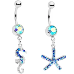 Gaby Blue Gem Starfish Seahorse Nautical Dangle Belly Ring Set Of 2